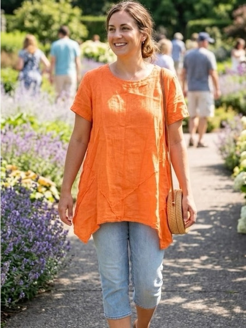 Linda Made in Italy Bright Orange 100% Linen Tunic Top Textured Artistic Relaxed